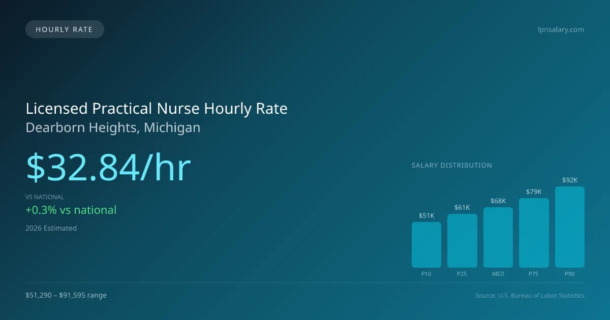 Licensed Practical Nurse Hourly Rate in Dearborn Heights, MI — 2026 est., based on 2025 BLS